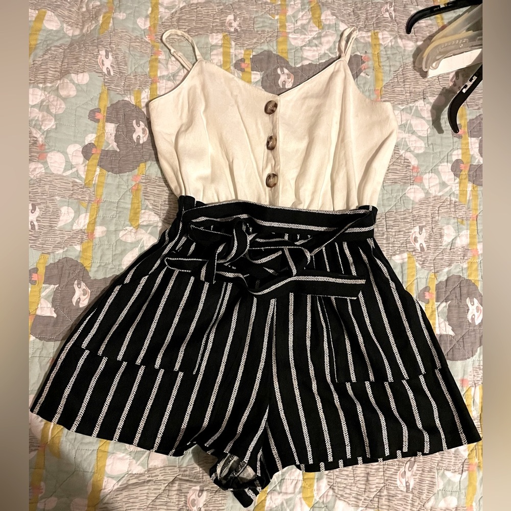 Lily rose Romper, size XS, off white top, black and white stripe bottom